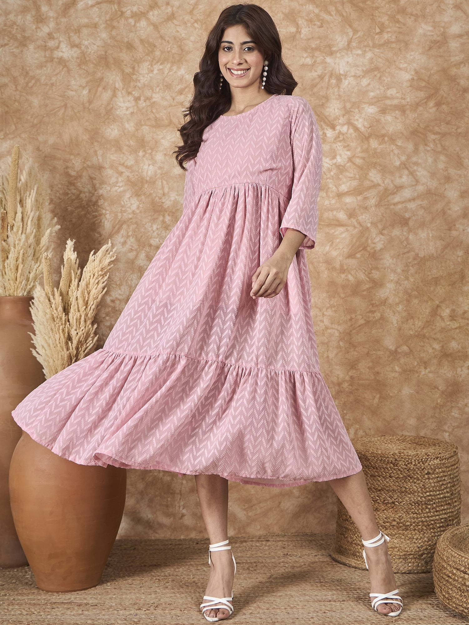 InWeave Light Pink Georgette R Neck Dress - Distacart