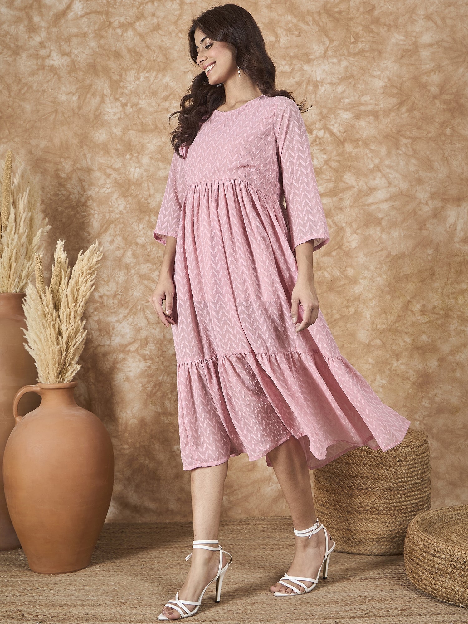 InWeave Light Pink Georgette R Neck Dress - Distacart