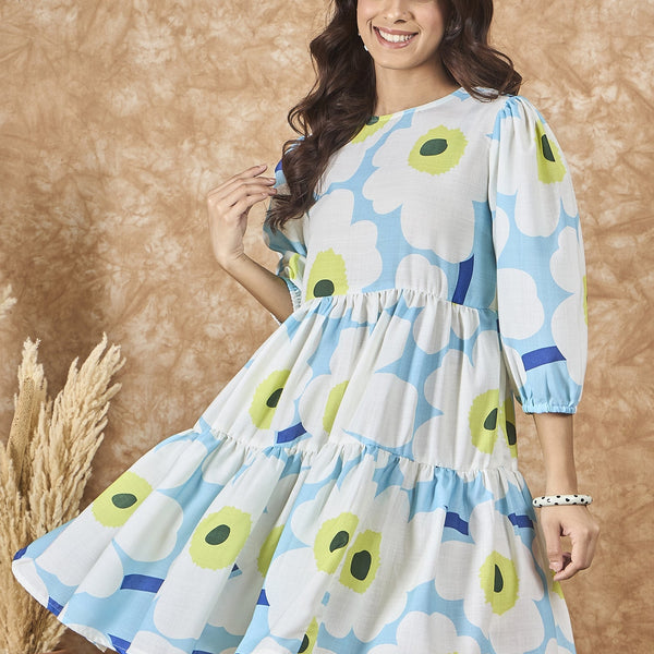 InWeave Sky Blue Big Print Short Dress - Distacart