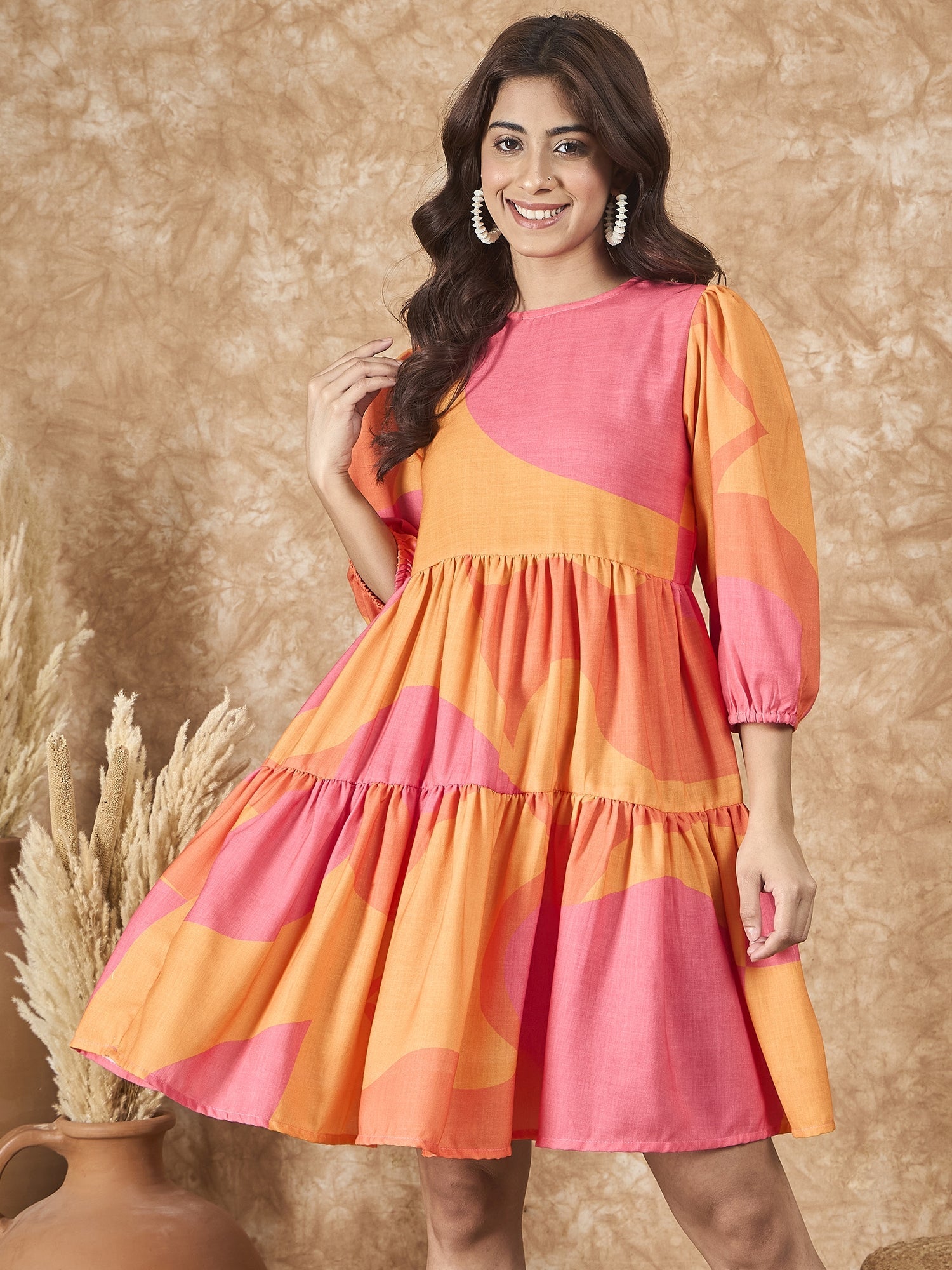 InWeave Peach Orange Print Short Dress - Distacart