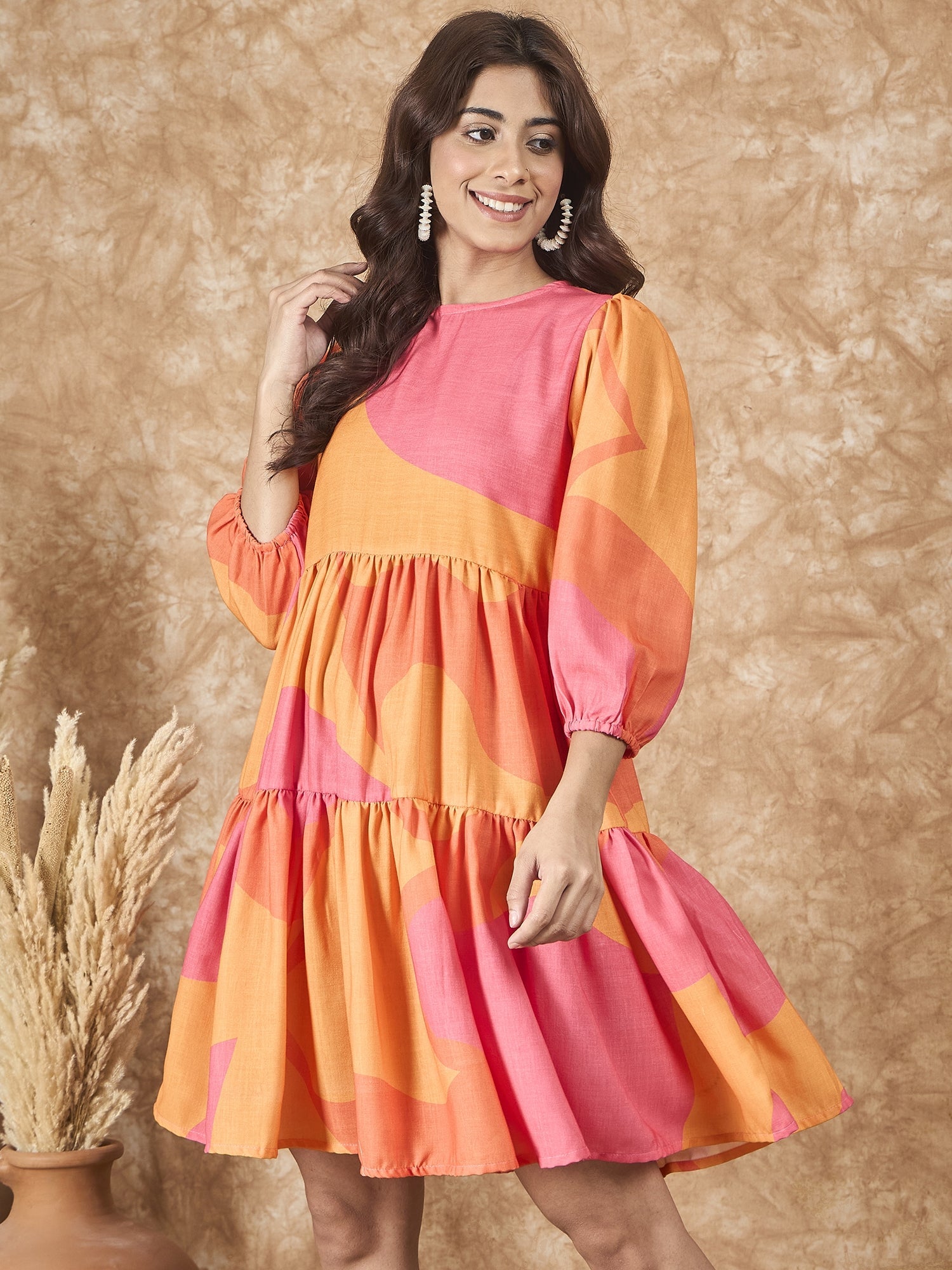 InWeave Peach Orange Print Short Dress - Distacart