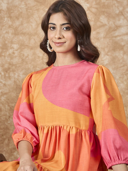 InWeave Peach Orange Print Short Dress - Distacart