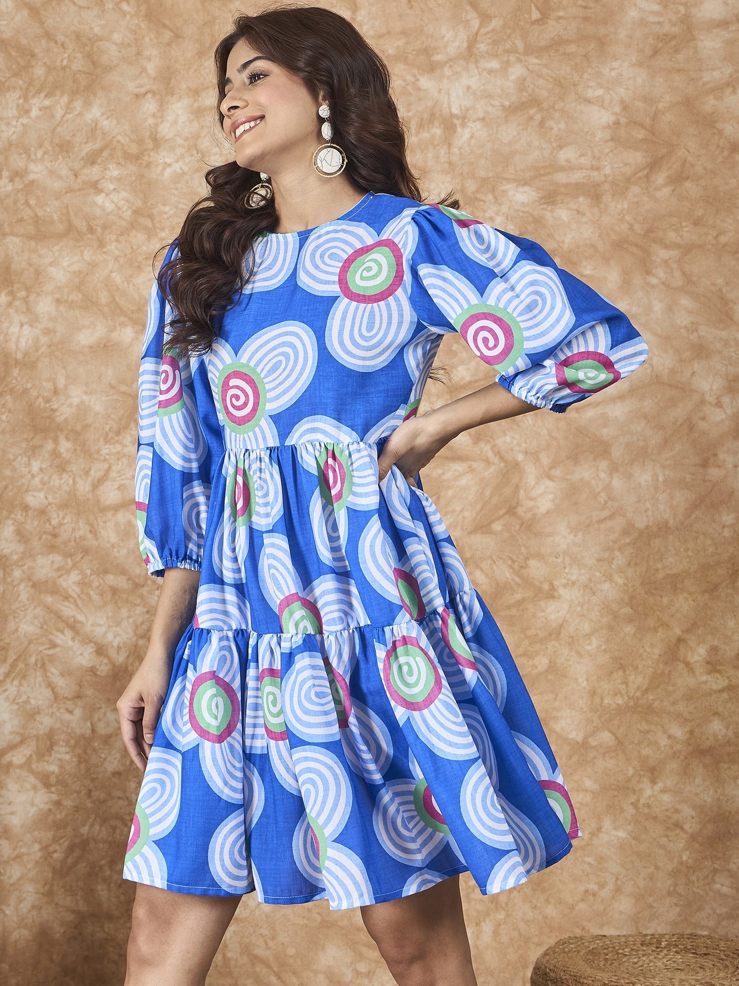 InWeave Blue White Flower Short Dress - Distacart