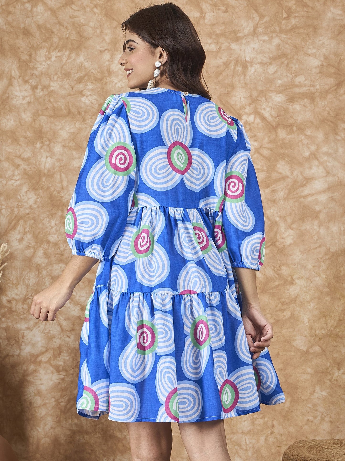 InWeave Blue White Flower Short Dress - Distacart