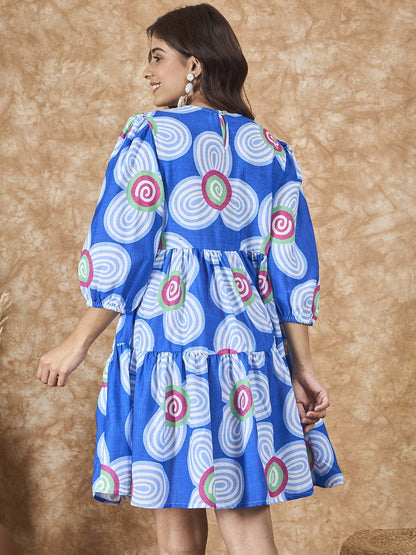 InWeave Blue White Flower Short Dress - Distacart