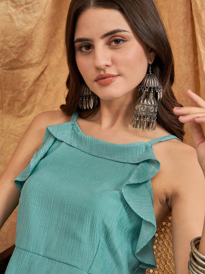 InWeave Cadet Blue Chiffon Frill Dress - Distacart