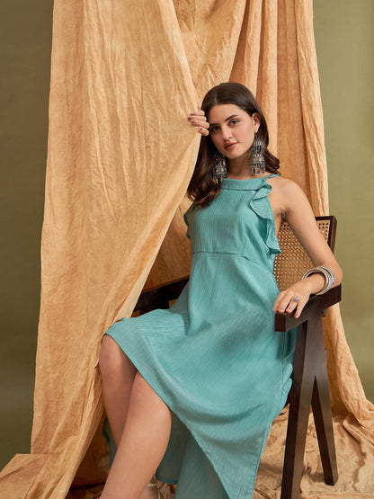 InWeave Cadet Blue Chiffon Frill Dress - Distacart