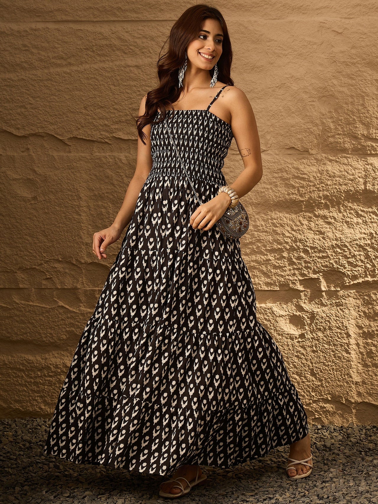 InWeave Black Arrow Ikkat Tiered Dress