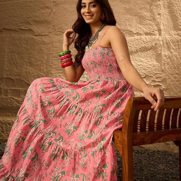 InWeave Peach Floral Print Tiered Dress - Distacart