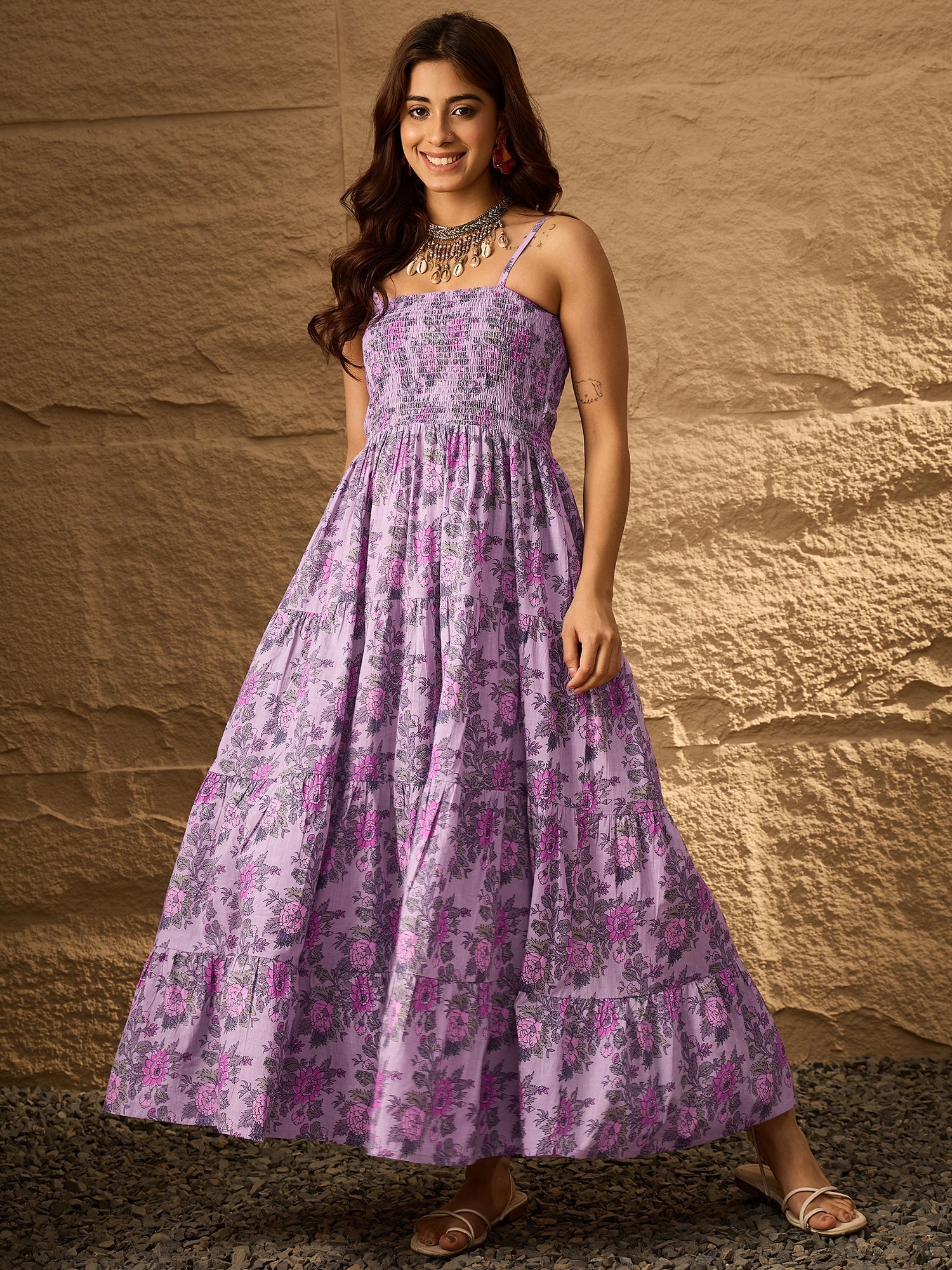 InWeave Lavender Floral Tiered Dress - Distacart