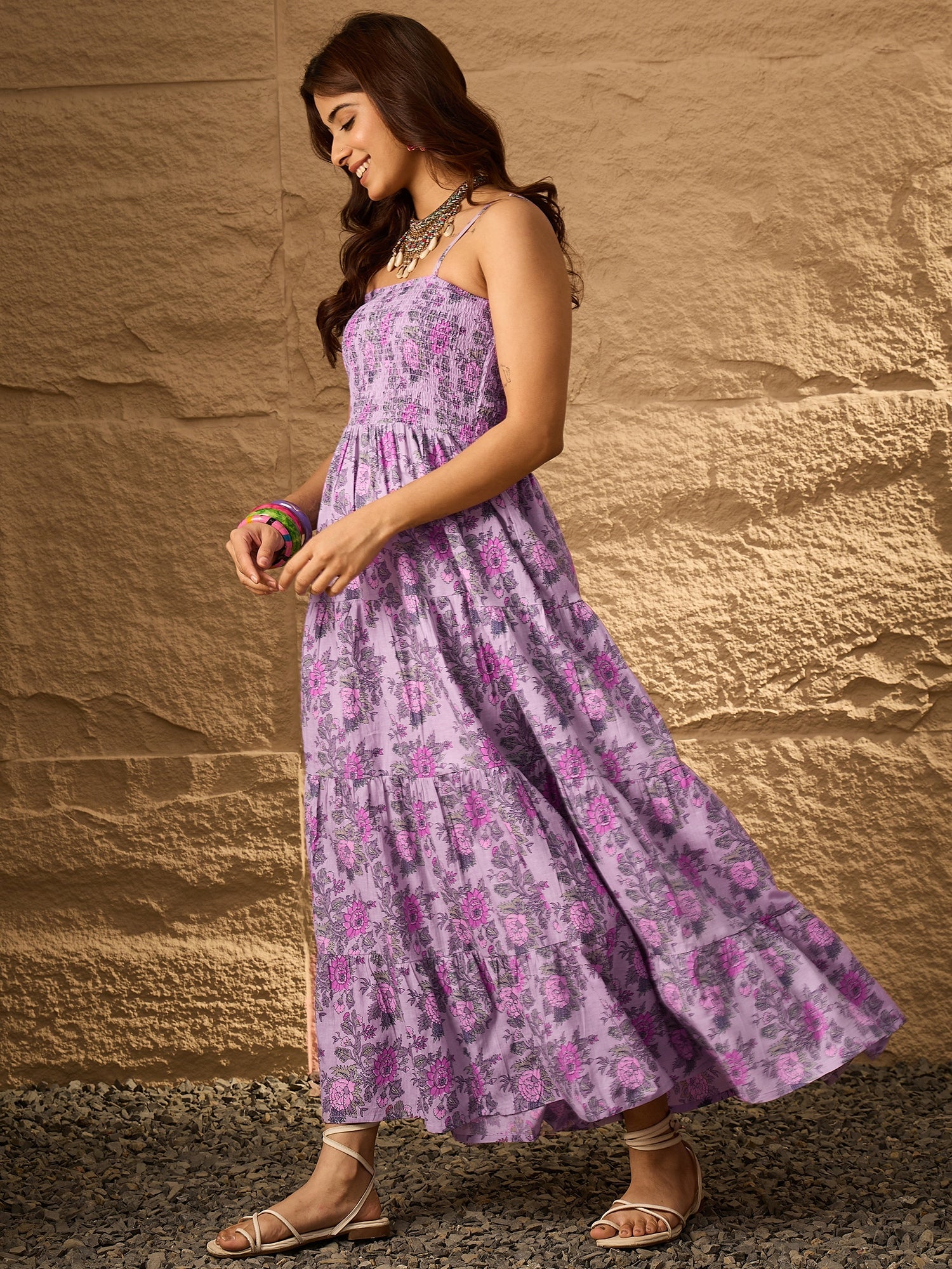 InWeave Lavender Floral Tiered Dress - Distacart