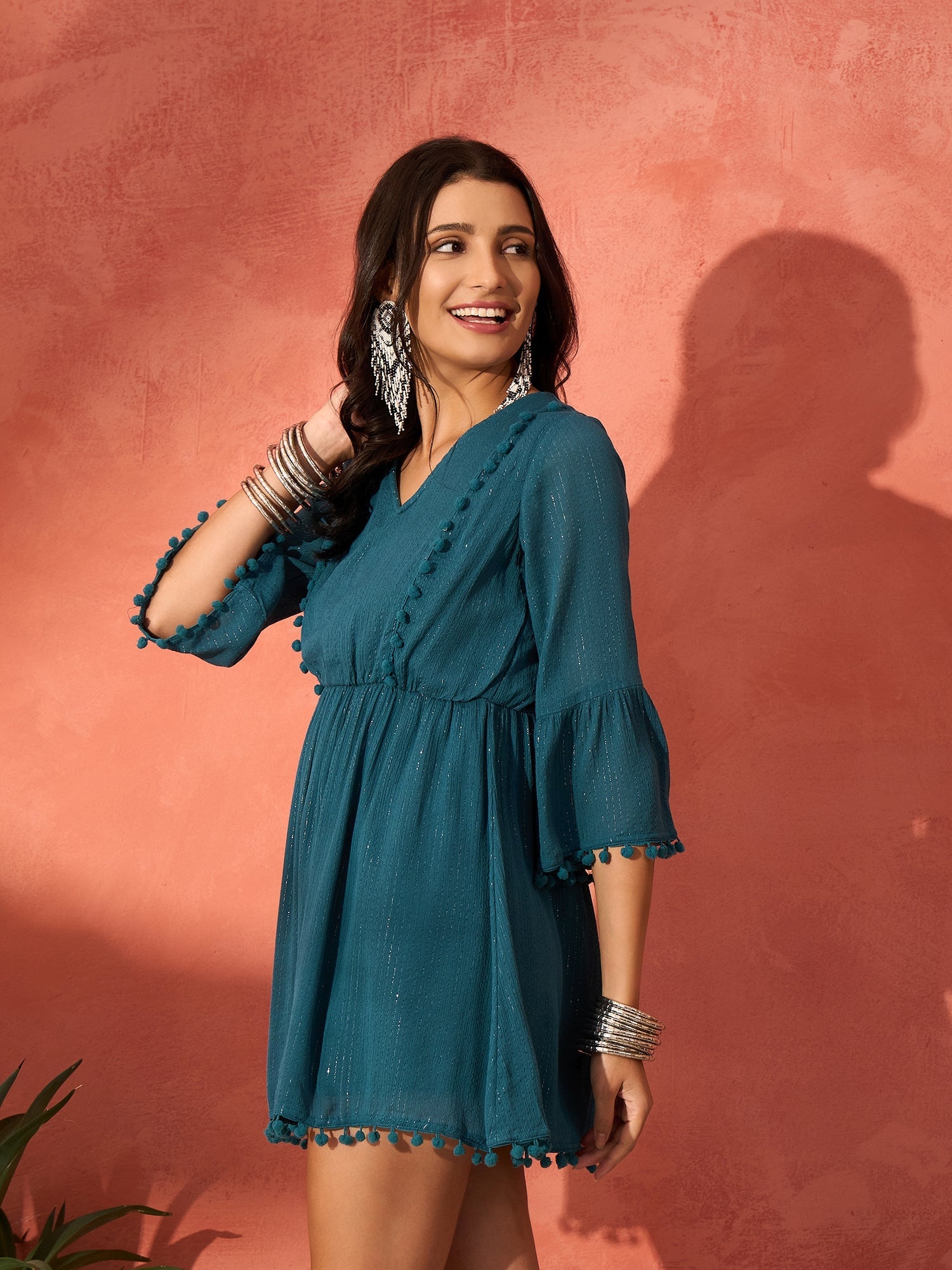 InWeave Teal Lurex Dress With Lace - Distacart