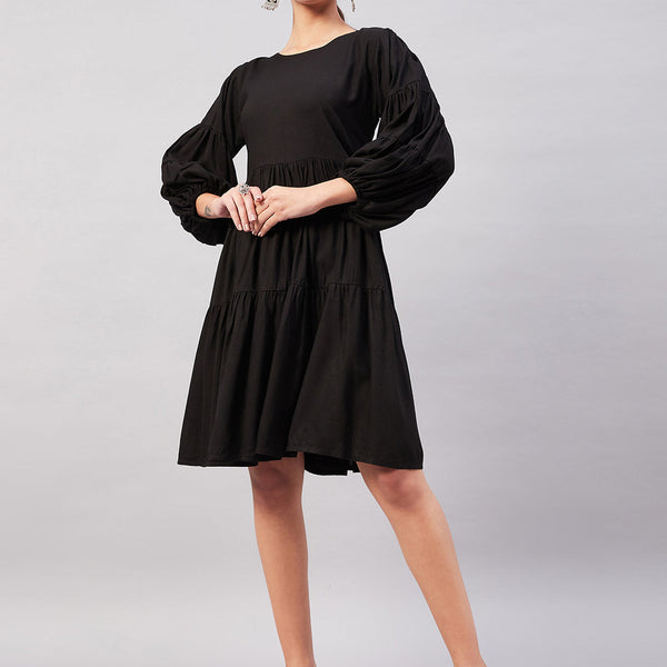 InWeave Solid Black Flared Dress - Distacart