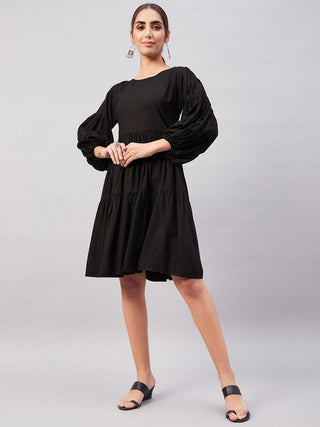 InWeave Solid Black Flared Dress - Distacart