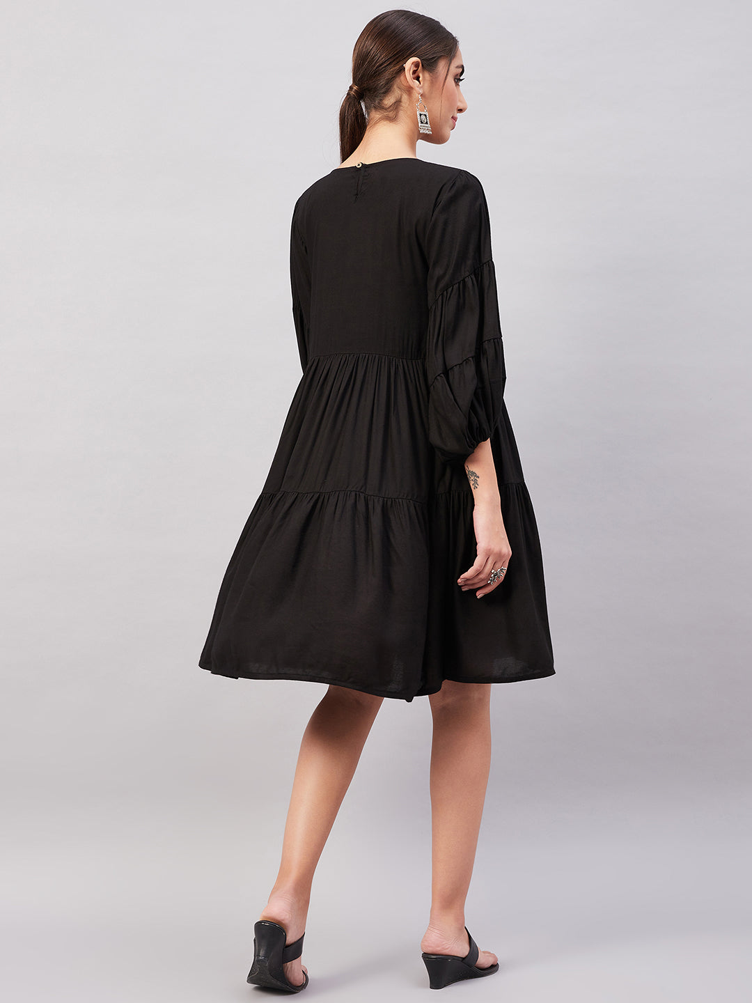InWeave Solid Black Flared Dress - Distacart