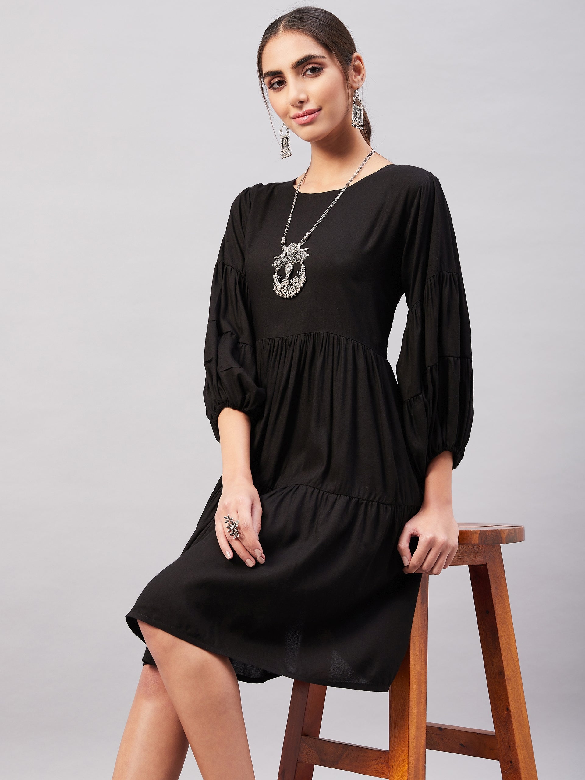 InWeave Solid Black Flared Dress