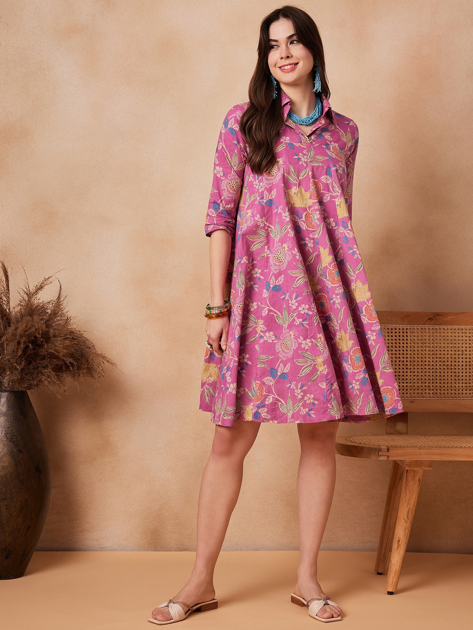 InWeave Dull Pink Floral Printed Flared Dress