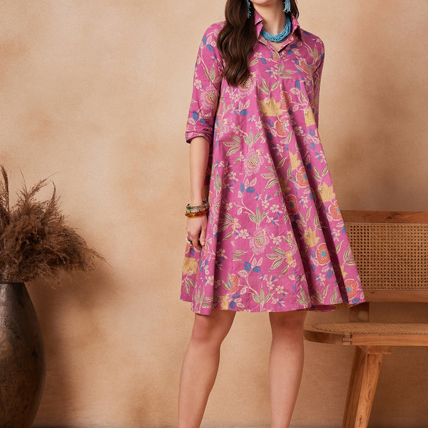 InWeave Dull Pink Floral Printed Flared Dress - Distacart