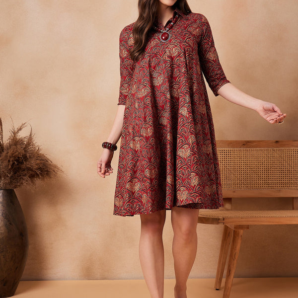 InWeave Rust Scales Printed Flared Dress - Distacart