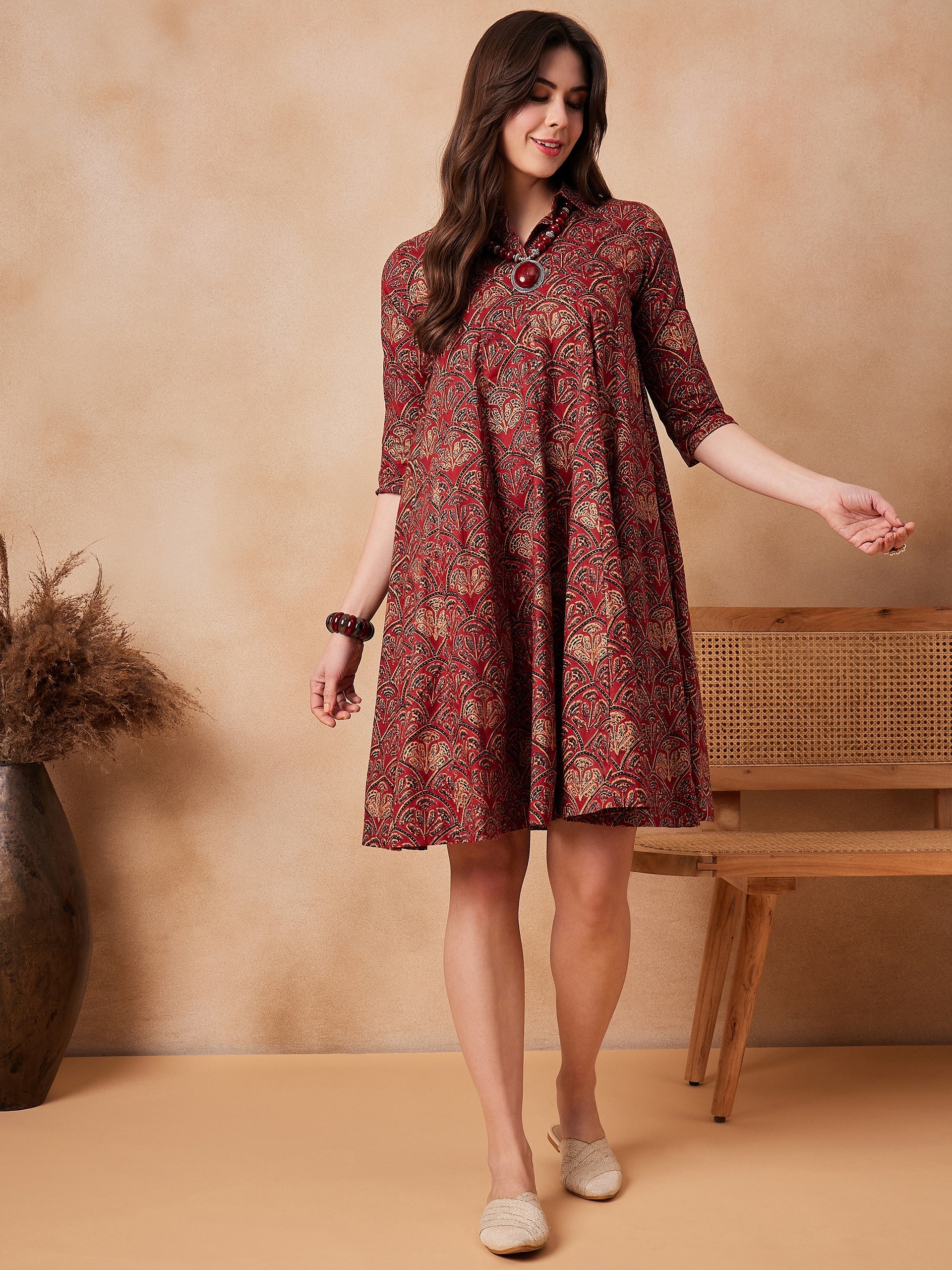 InWeave Rust Scales Printed Flared Dress - Distacart