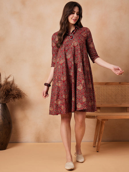 InWeave Rust Scales Printed Flared Dress
