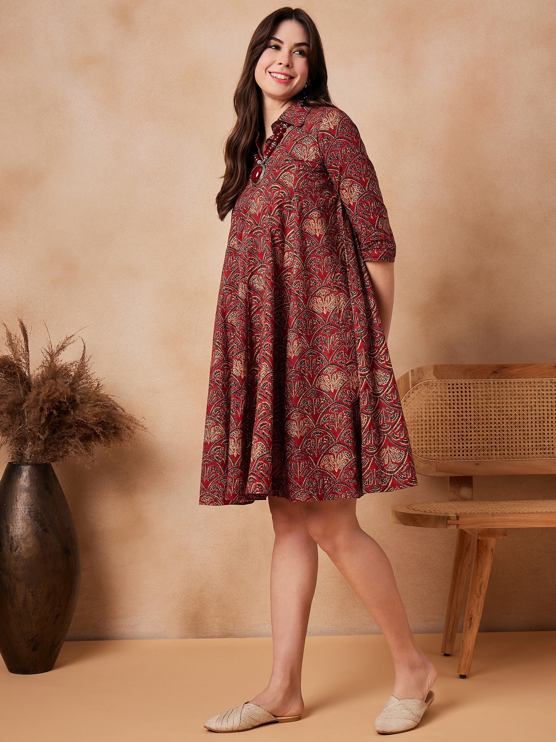 InWeave Rust Scales Printed Flared Dress - Distacart