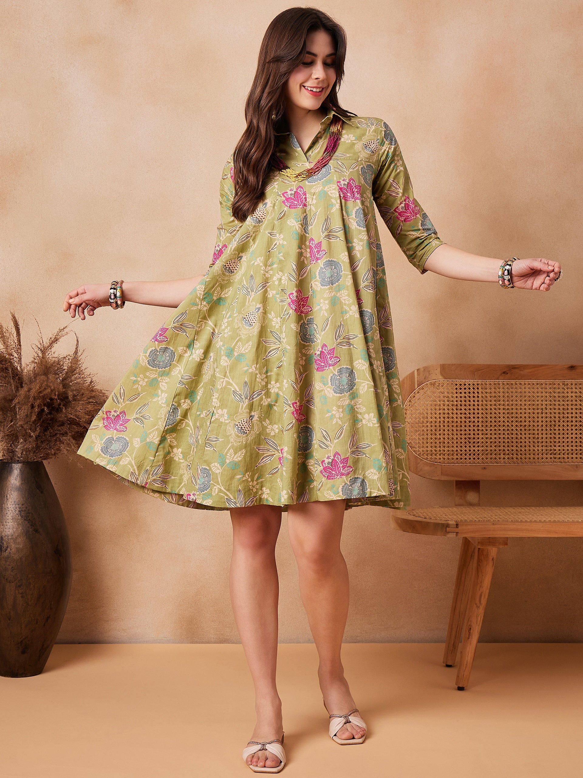 InWeave Light Lime Green Floral Printed Flared Dress