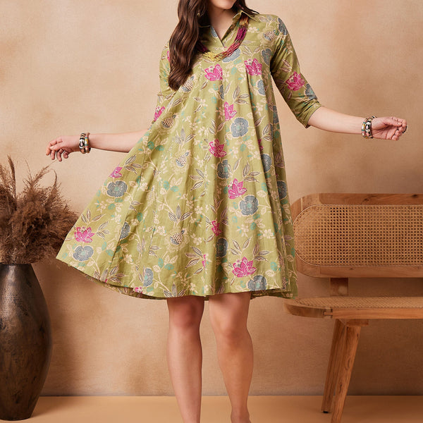 InWeave Light Lime Green Floral Printed Flared Dress - Distacart
