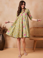 Thumbnail for InWeave Light Lime Green Floral Printed Flared Dress