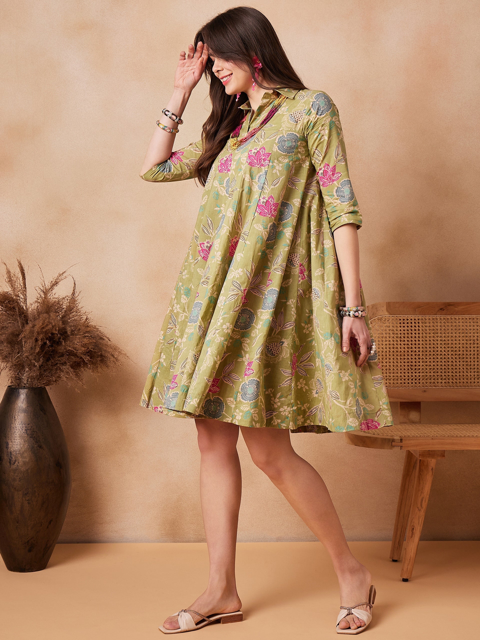InWeave Light Lime Green Floral Printed Flared Dress - Distacart