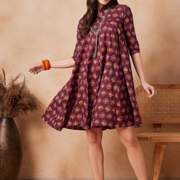InWeave Burgundy Floral Boota Print Flared Dress - Distacart