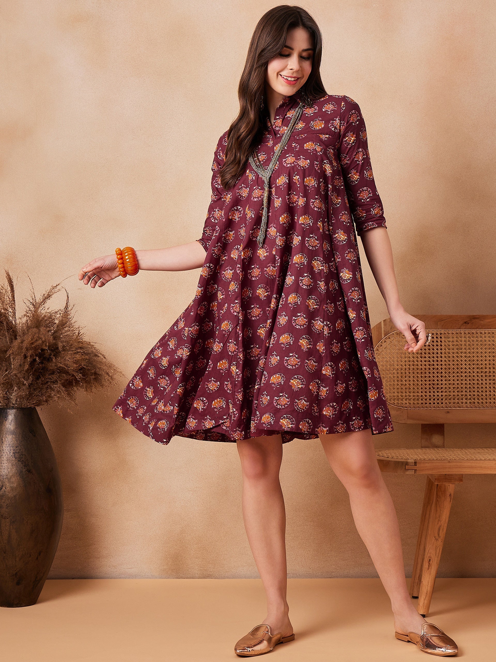 InWeave Burgundy Floral Boota Print Flared Dress - Distacart
