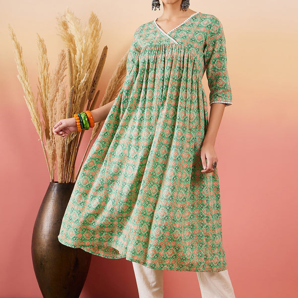 InWeave Cool Green Kantha Print Angrakha V Neck Lace Dress - Distacart