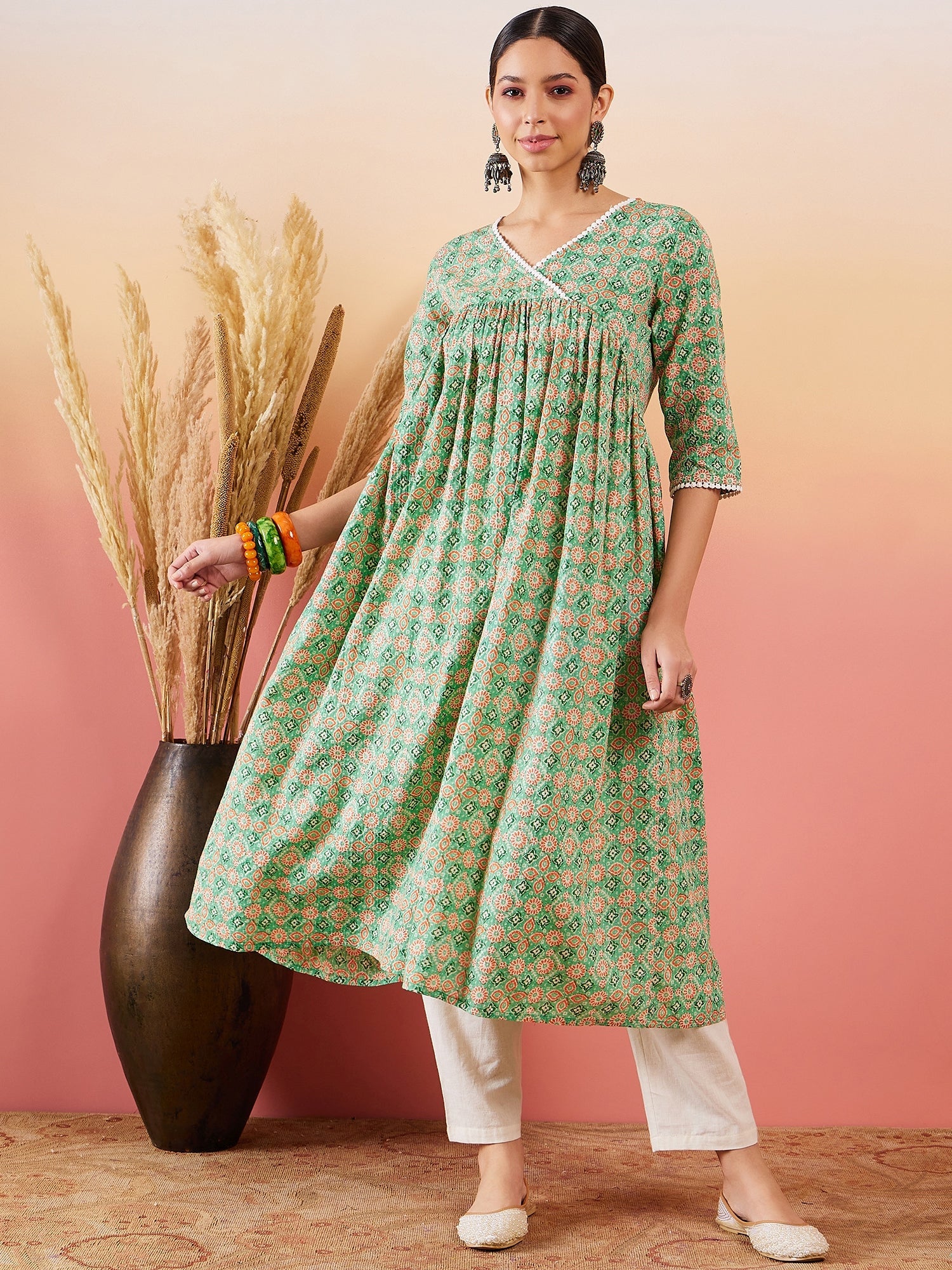 InWeave Cool Green Kantha Print Angrakha V Neck Lace Dress - Distacart