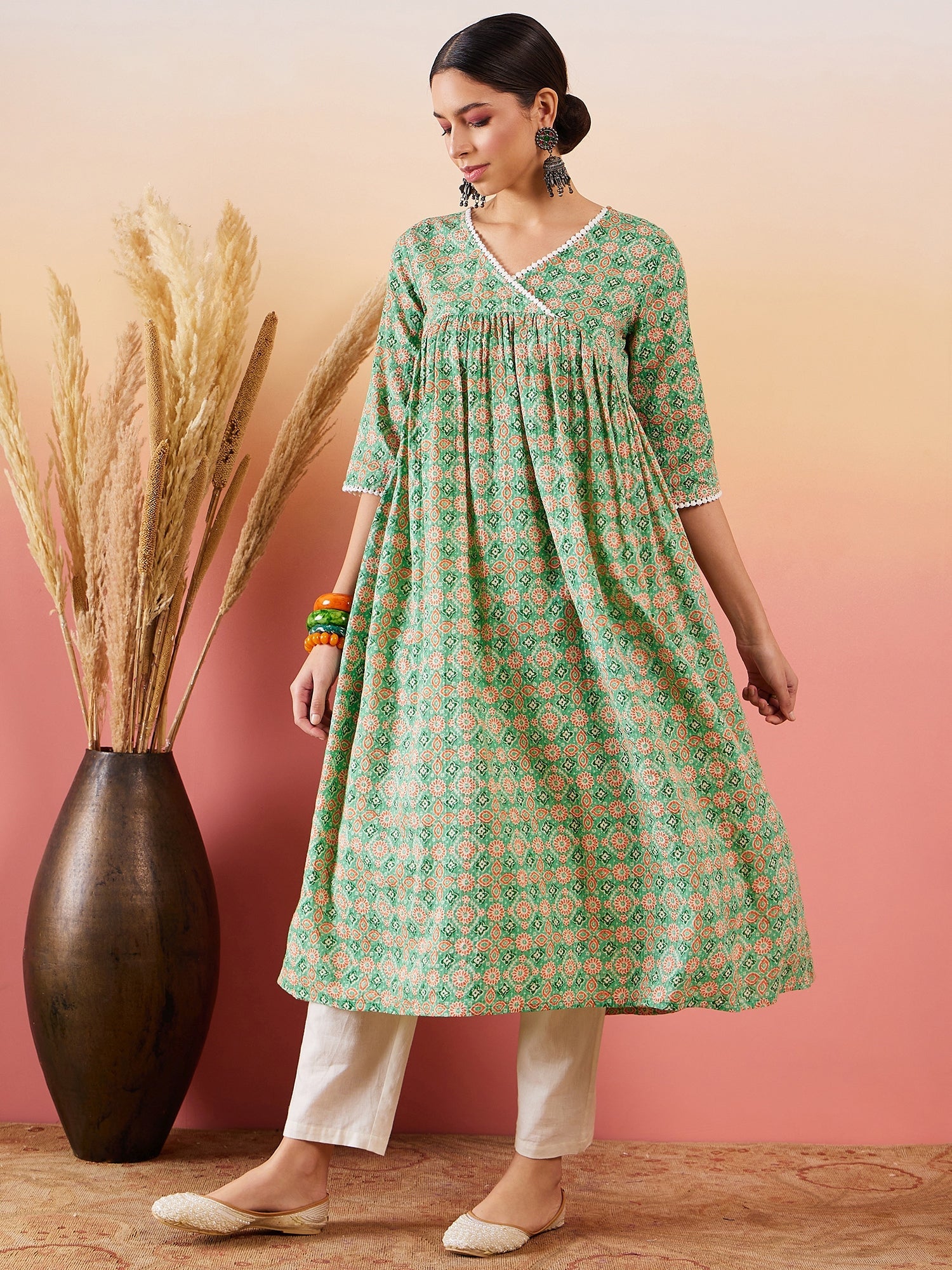 InWeave Cool Green Kantha Print Angrakha V Neck Lace Dress - Distacart