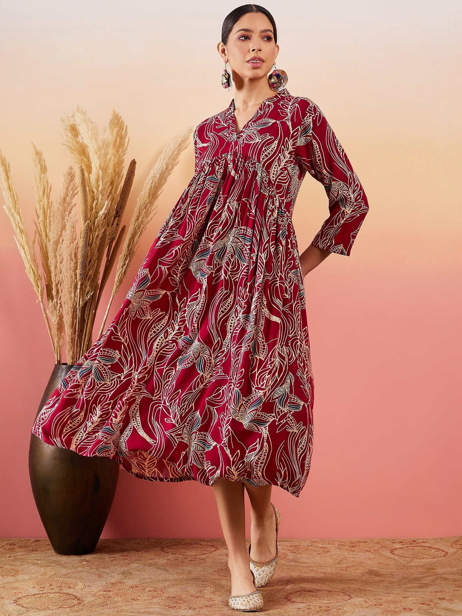 InWeave Maroon Beige Blue Print Deep V Neck Flared Dress