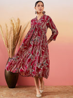 Thumbnail for InWeave Maroon Beige Blue Print Deep V Neck Flared Dress