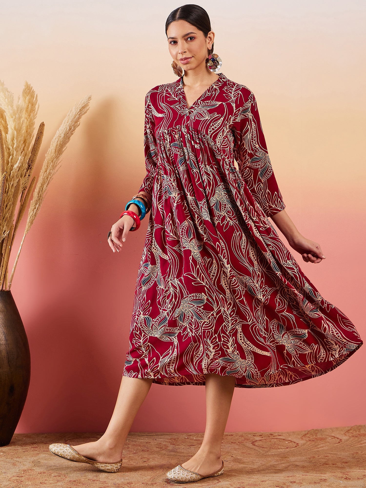 InWeave Maroon Beige Blue Print Deep V Neck Flared Dress - Distacart
