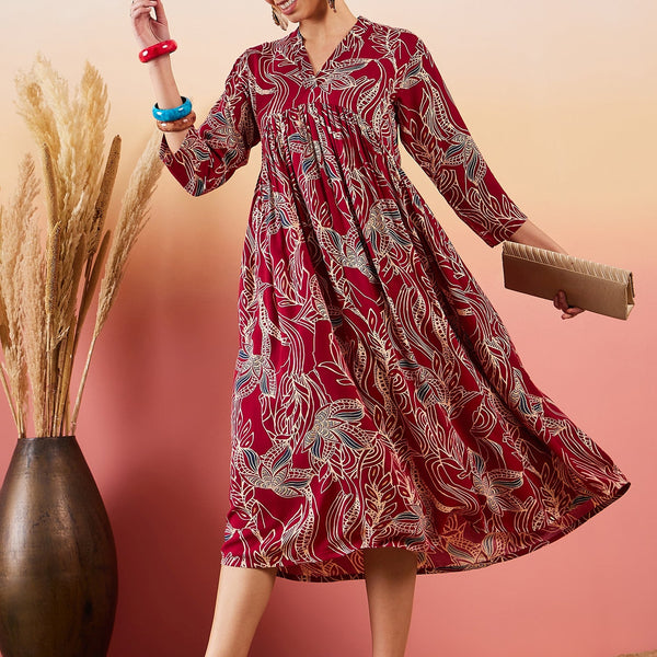 InWeave Maroon Beige Blue Print Deep V Neck Flared Dress - Distacart