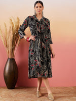 Thumbnail for InWeave Black Beige Red Print Deep V Neck Flared Dress
