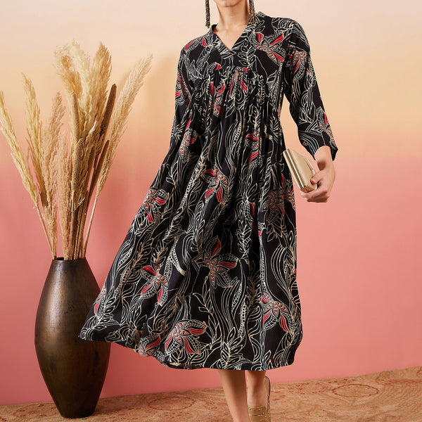 InWeave Black Beige Red Print Deep V Neck Flared Dress - Distacart