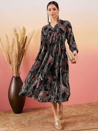 InWeave Black Beige Red Print Deep V Neck Flared Dress - Distacart