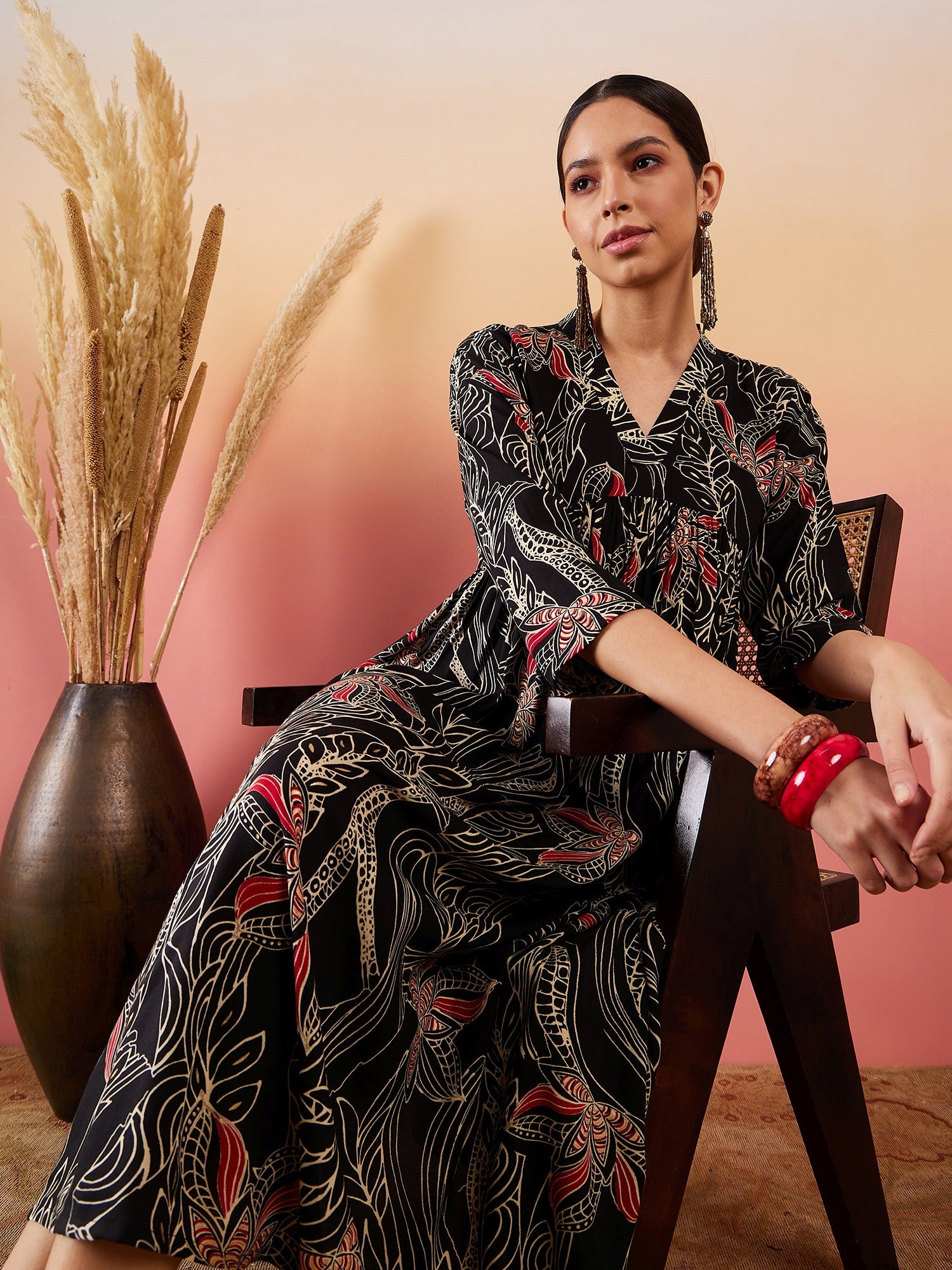 InWeave Black Beige Red Print Deep V Neck Flared Dress - Distacart