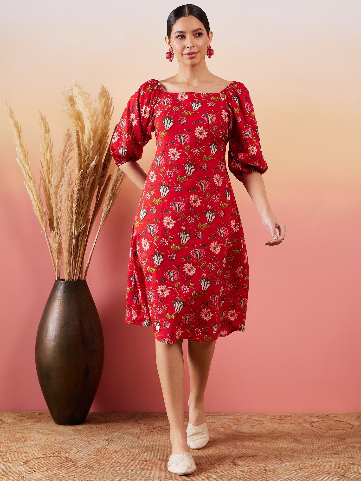 InWeave Red Bishop Sleeve Dress - Distacart