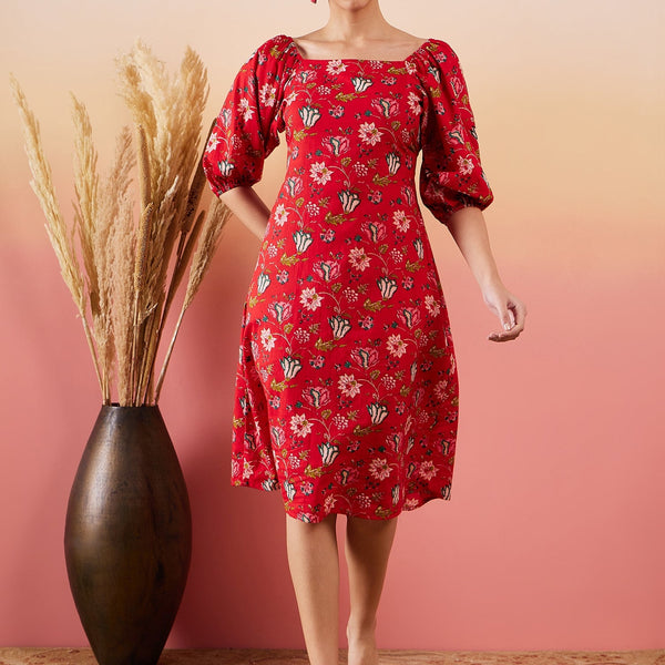 InWeave Red Bishop Sleeve Dress - Distacart