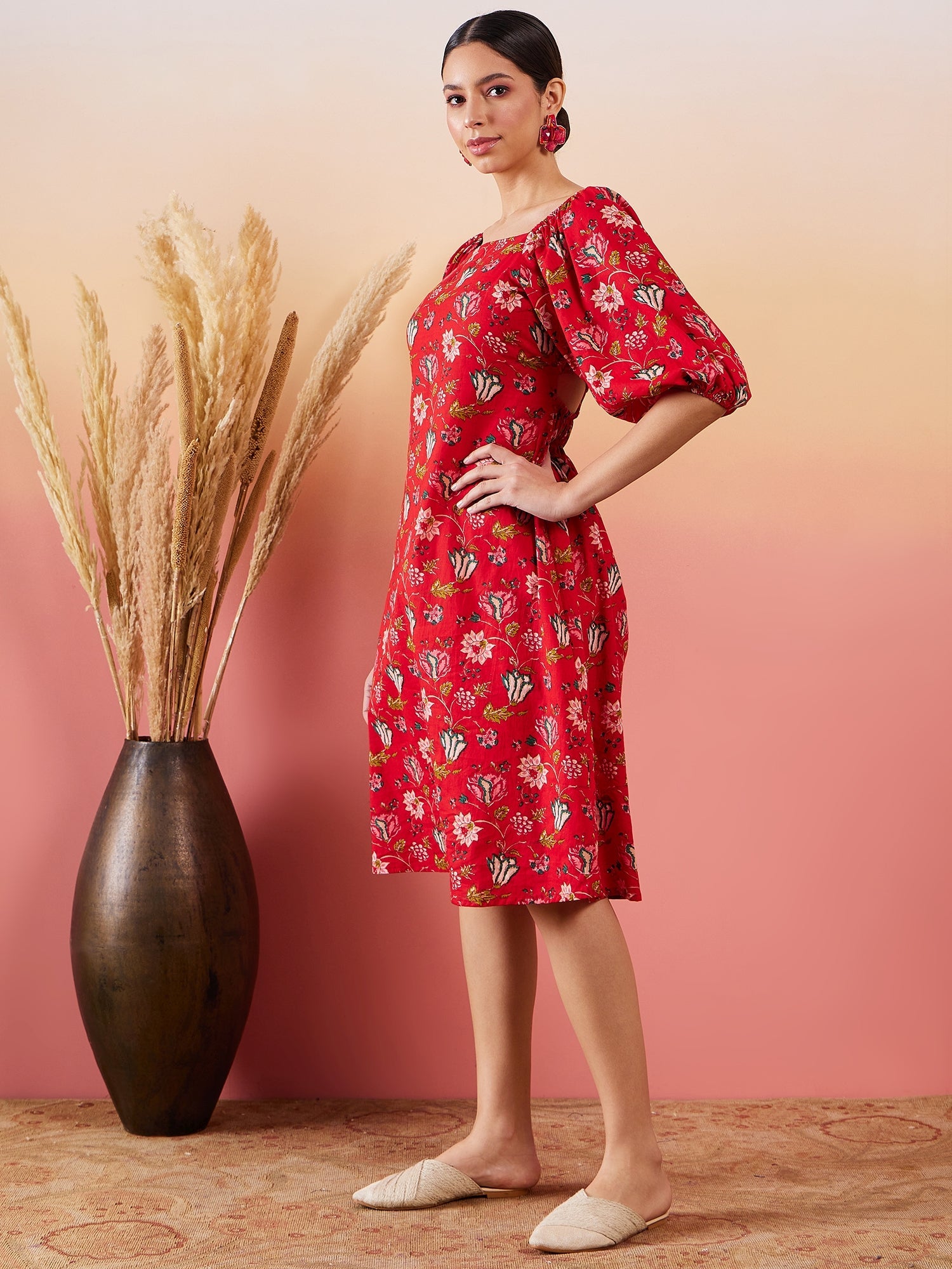 InWeave Red Bishop Sleeve Dress - Distacart