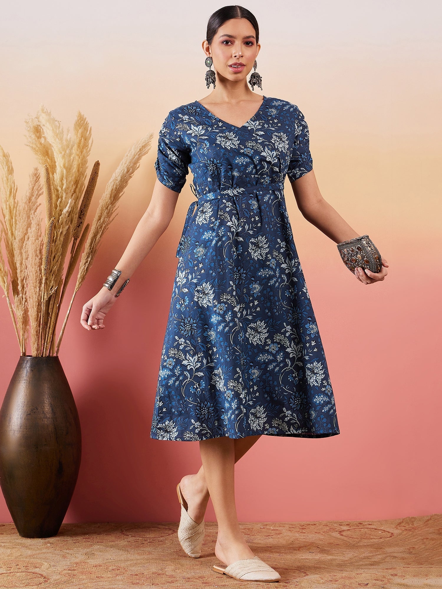 InWeave Indigo Floral Print Angrakha V Neck Belted A Line Dress