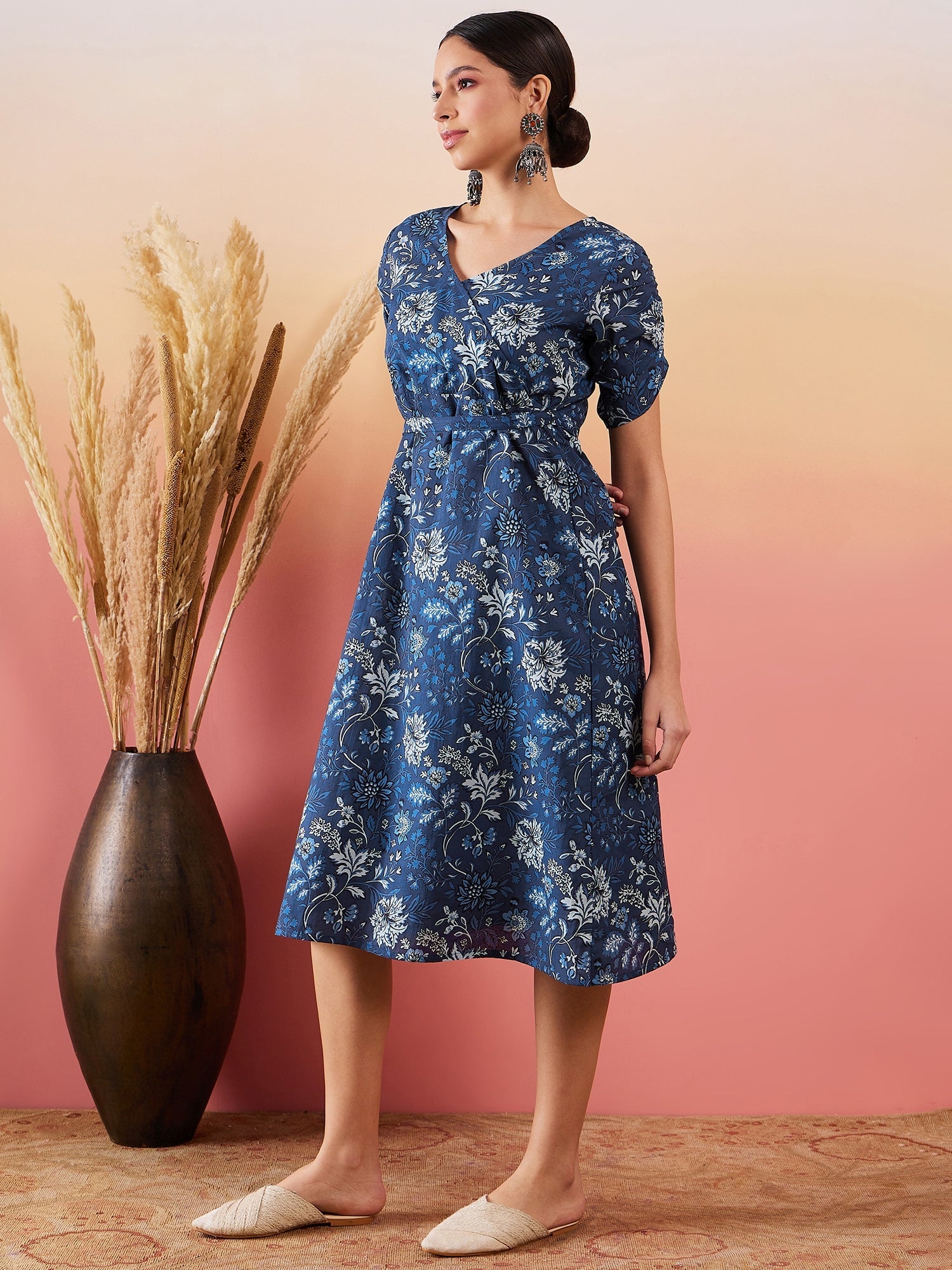 InWeave Indigo Floral Print Angrakha V Neck Belted A Line Dress - Distacart