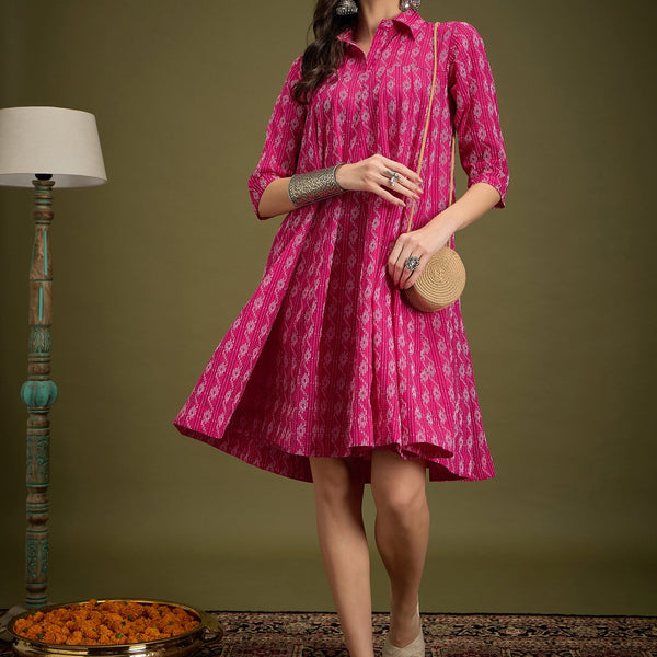 InWeave Fuchsia Ikkat Kantha Collar Flared Dress - Distacart