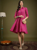 Thumbnail for InWeave Fuchsia Ikkat Kantha Collar Flared Dress